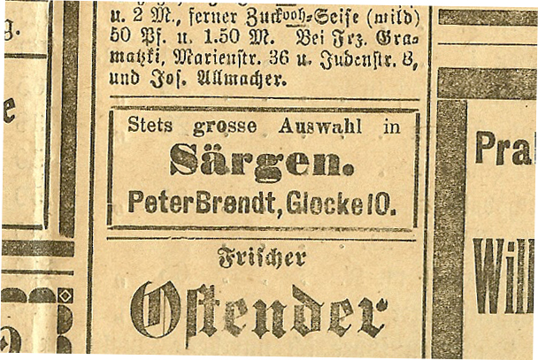 Am Donnerstag dem 22. Dezember 1910 erschien in der Tageszeitung „Bote an der Inde“ folgende Anzeige - Bücken-Brendt Bestattungen Seit 1866 in Eschweiler